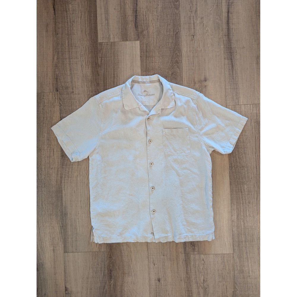Tommy Bahama 100% Silk Jacquard Camp Shirt Mens Medium Beige Hawaiian Button Up